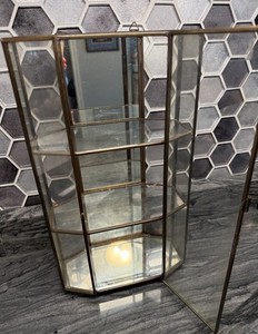 Brass Glass Mirrored Cabinet for Crystal Miniatures Display Wall Tabletop 13” H