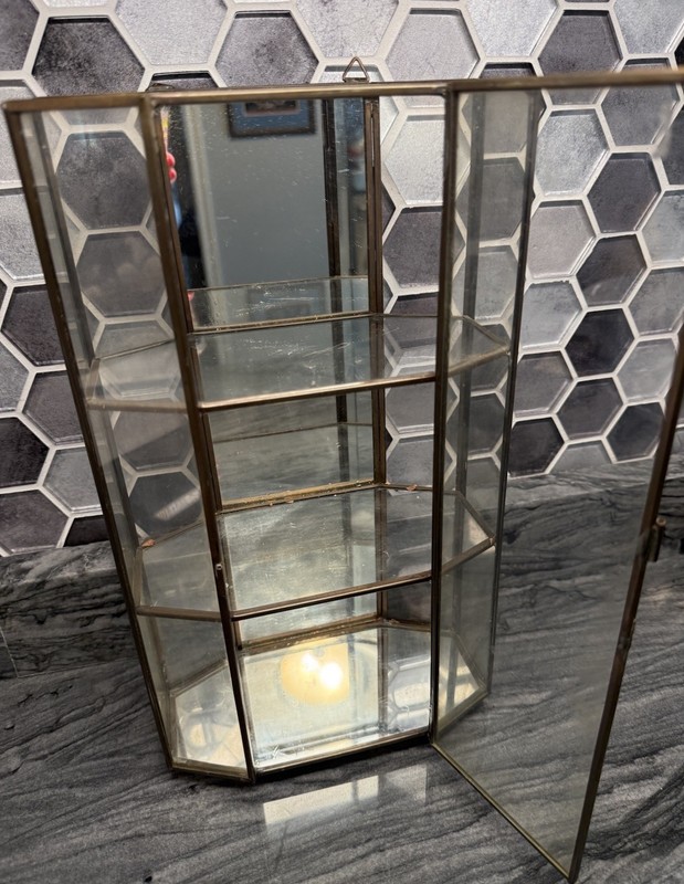 Brass Glass Mirrored Cabinet for Crystal Miniatures Display Wall Tabletop 13” H