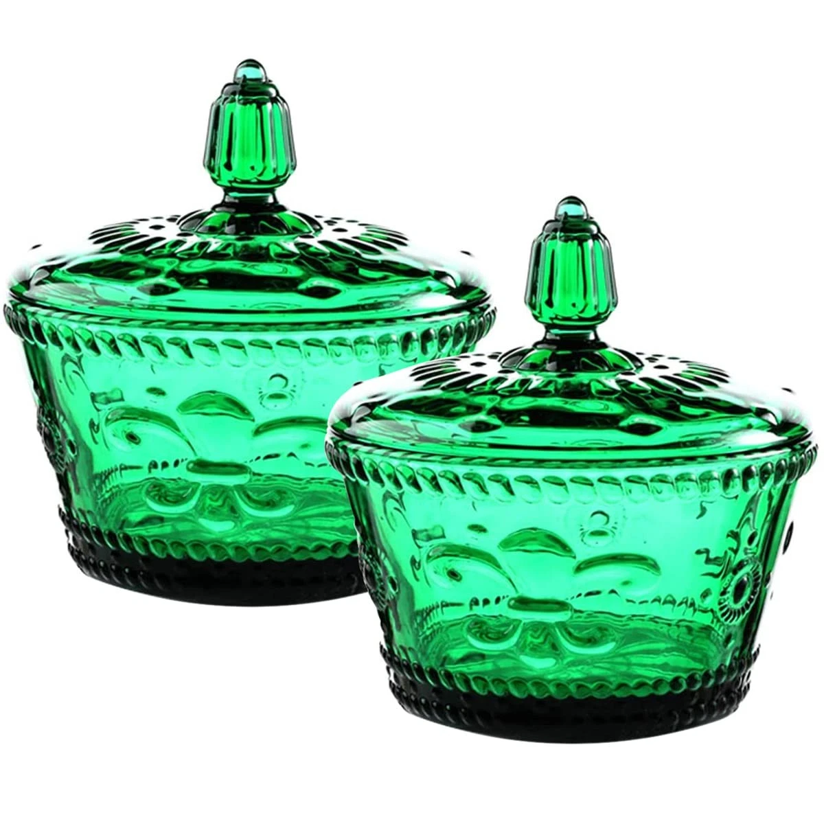 Set of 2 European Nostalgic 3D Green Glass Jar Candy Jar Seasoning Jar with Lid