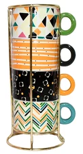 Set of 4 Stackable Coffee Tea Cups Mugs w/ Stand Oh Joy Spritz Stoneware 