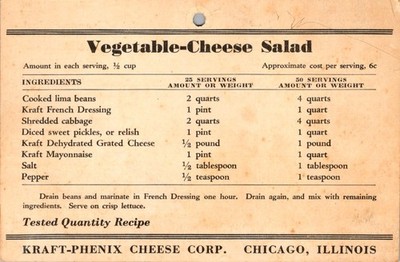 Kraft-Phenix Cheese Corp 1940s Recipe Card Vegetable-Cheese Salad Institutional