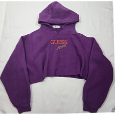 Vintage 90s Guess Jeans Hoodie XL Purple Cropped Raw Hem Embroidered Made in USA