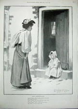 Original Old Antique Print 1896 King Little Girl House Doorstep Lady Woman 19th