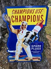 OLD VINTAGE CHAMPIONS USE CHAMPIONS SPARK PLUGS PORCELAIN SIGN 30"X21" 