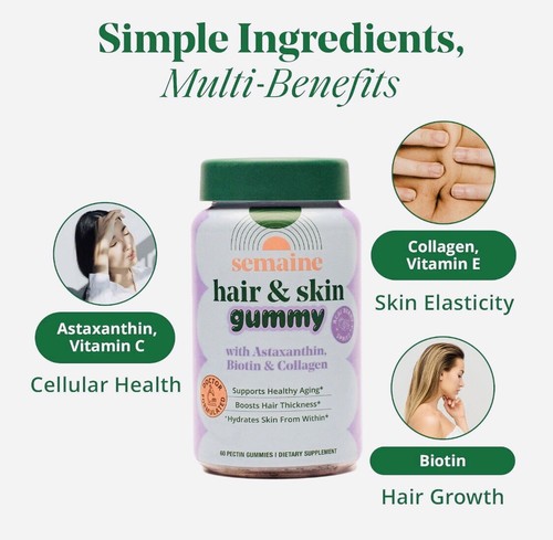 SEMAINE Hair & Skin 60ct Gummy Astaxanthin for Healthy Aging Fuller Hair Exp4/26 - Picture 3 of 7