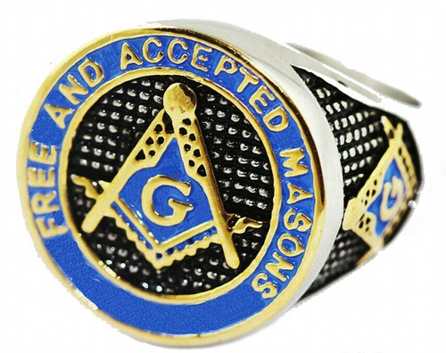 Mason Ring Masonic  Freemason Master Men Stainless Steel Blue Enamel Gold plated - Picture 81 of 145