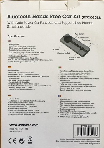 Avantree 10BS AUTO POWER ON Bluetooth Handsfree Car Kit with Motion Sensor New - 第 11/11 張圖片