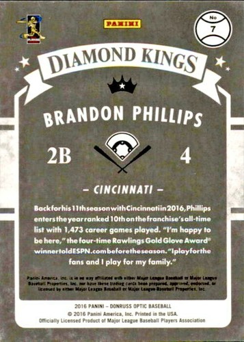 Donruss Optic Purple Diamond Kings 2016 #7 Brandon Phillips - Imagen 2 de 2