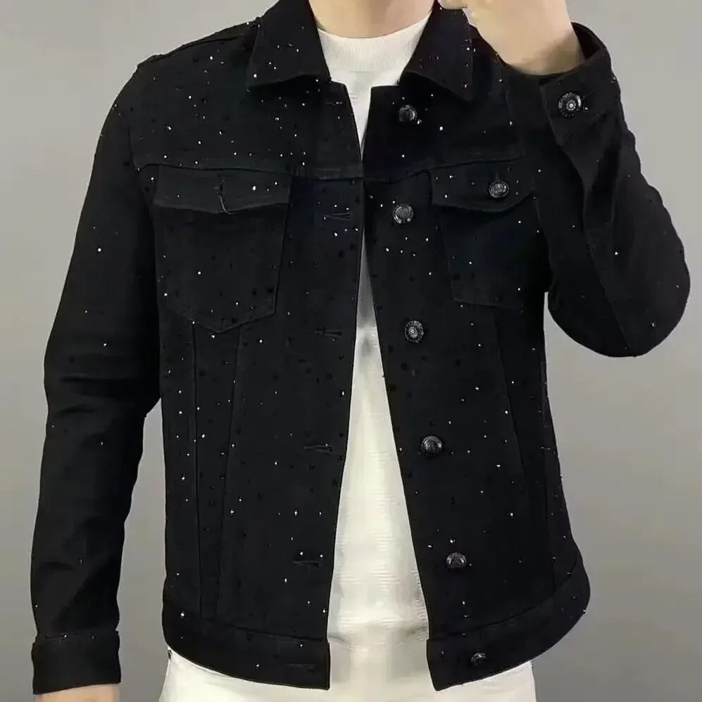 New Men Luxury Diamond Rhinestones Fashion Jeans Black Jacket High Quality
