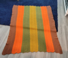 Vintage 1970's Orange Green Gold Brown Zig Zag Crochet Afghan Blanket BIG 70x51