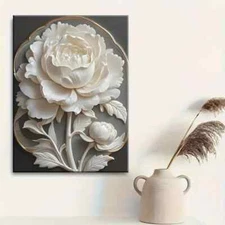 White Peony Flower Framed Canvas Stretched Ready to Hang 50x40 Home decor Gift.