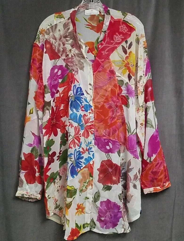 Sacred Threads Womens Beaded Patchwork Sheer Butt… - image 1