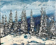 Landscape Original Oil painting on canvas Winter Snowy Trees Palette knife 3D