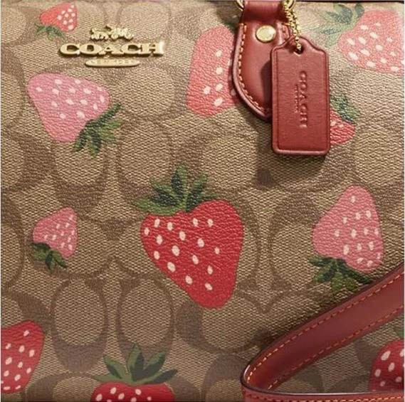 NUOVA borsa Coach Rowan fragola PVC firma pelle tracolla cachi oro