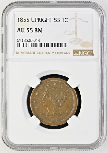1855 Braided Hair Large Cent 1C - Upright 55 1C - NGC AU55 BN