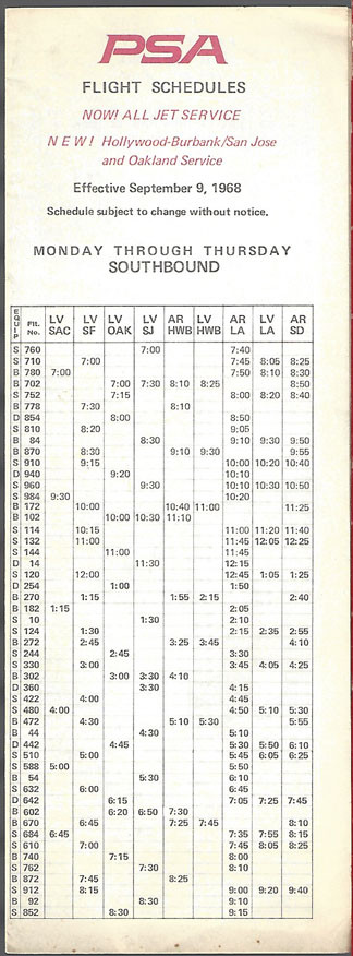 PSA Pacific Southwest Airlines system timetable 9/9/68 [7081] Buy 4 ...