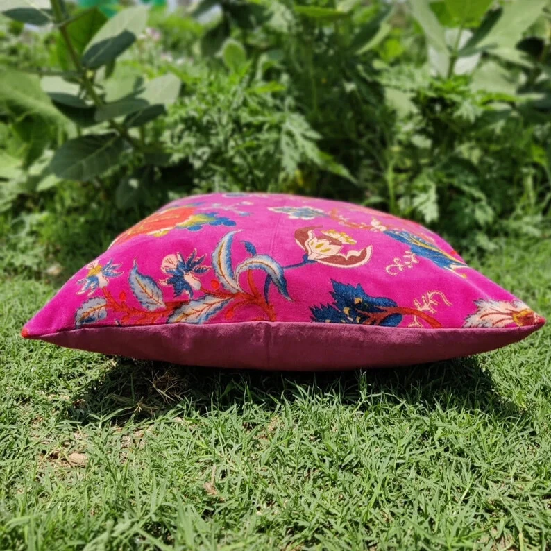 Pink Velvet bird JAYPURI Cushion Pillow Throw Ethnic Indian Handmade Cover 1PC - Image 4 of 4
