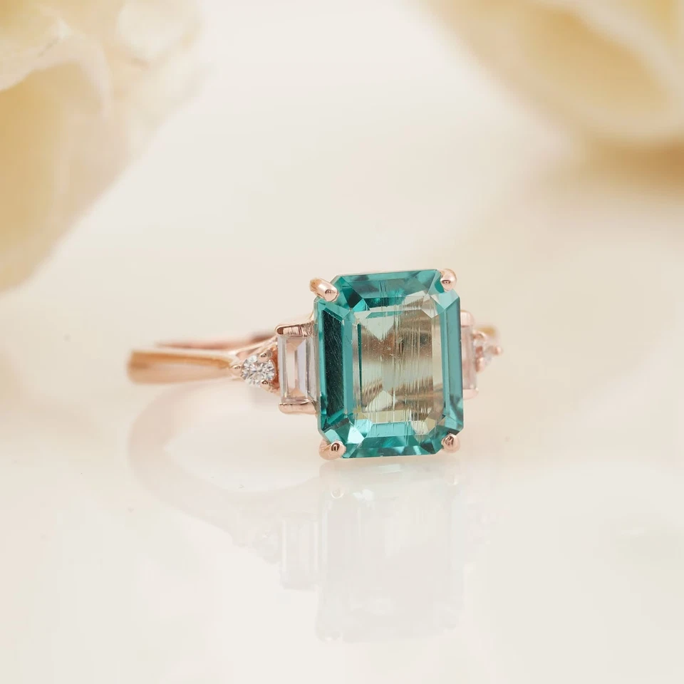 Anillo de compromiso aguamarina corte esmeralda chapado en oro plata anillo de compromiso regalo Foto 4 de 4