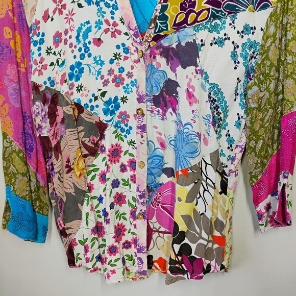 Sacred Threads Boho Patchwork Floral Button Down … - image 2