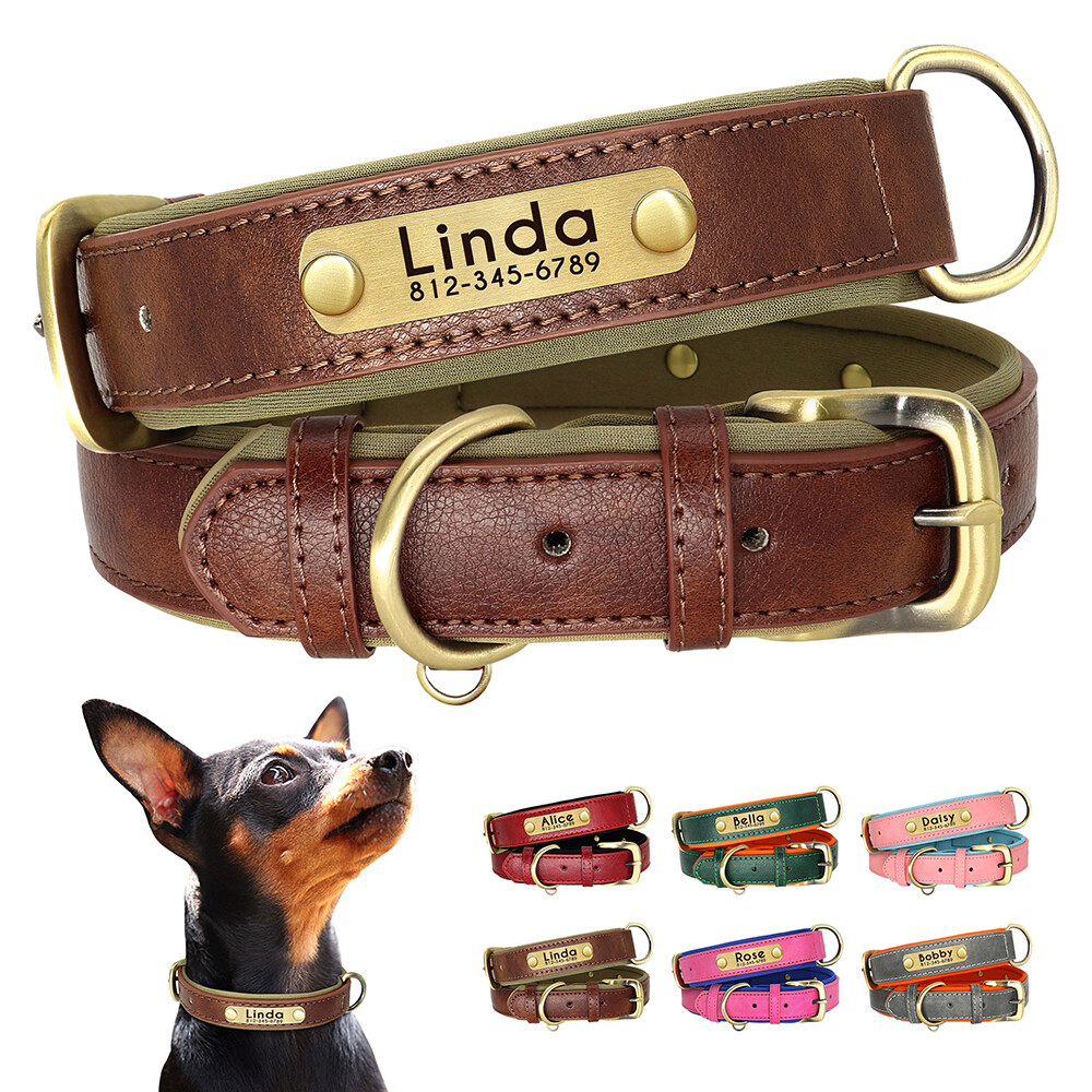 Custom Engraved Soft Leather Dog Collar Personalized Name Pet Collar XS-XL