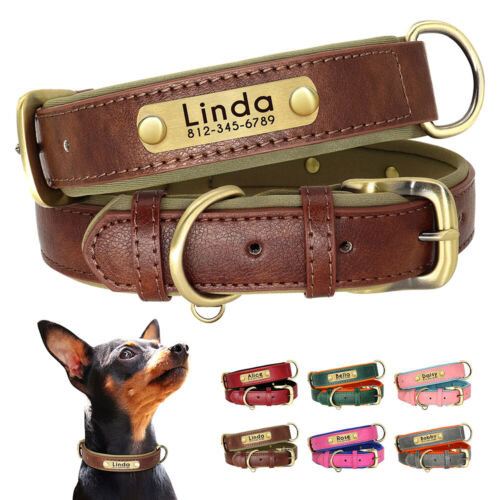 Soft Leather Personalised Dog Collar Pet Custom Name Number Engraved Adjustable - Picture 1 of 23