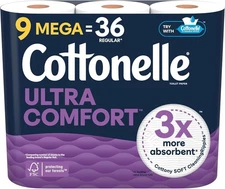 Cottonelle Ultra Comfort Toilet Paper 9 Mega Rolls 36 Regular Rolls