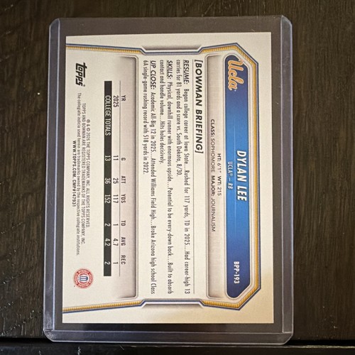 2026 Bowman U Dylan Lee UCLA Bruins 1st Bowman Blue Parallel #BPP-193 with player stats and red Topps branding on back.
