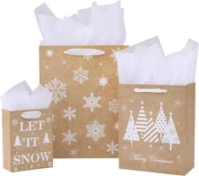 SUNCOLOR Christmas Gift Bags Assorted Sizes with Tissue Paper, 9 Brown, White 