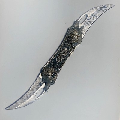 Assassin Knife With Double Folding Contoured Blades And Handle W/wolves