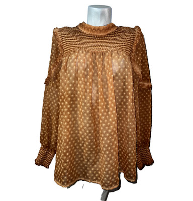 Indigo Thread Co. Top Plus Size 2X Brown Smocked Yoke Swiss Dot LS Tunic Blouse