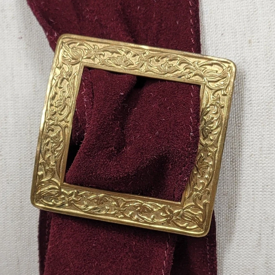 Vintage St Laurent Suede Belt 36" Burgundy Square Gold Floral Buckle Hippie Boho - Image 3 of 4