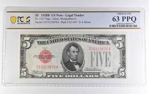 1928 B $5 US Legal Tender Fr#1527 Choice Unc 63 PPQ PCGS a3860