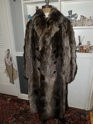 men's double breasted long raccoon fur coat jacket large L? approx 46in chest