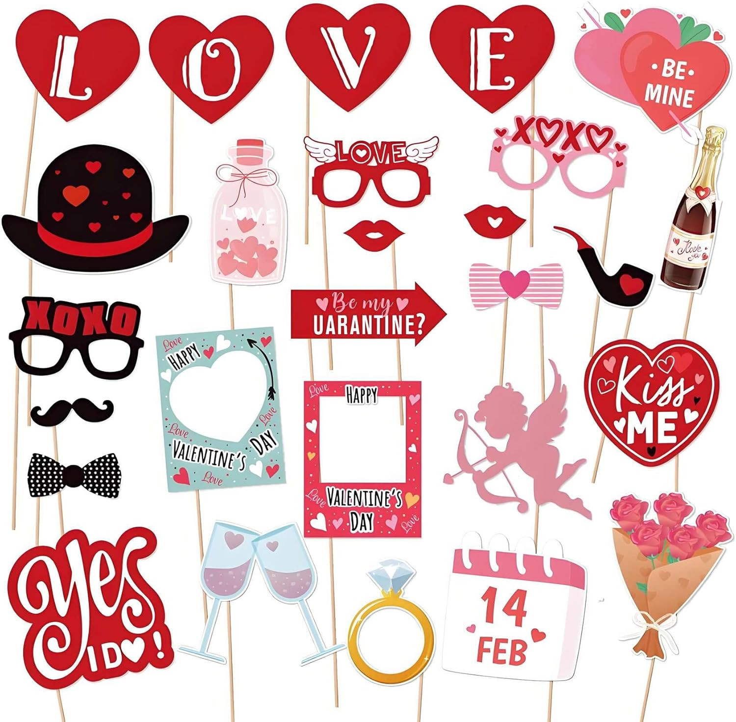 27-Piece Valentine's Day Photo Booth Props Kit in Red