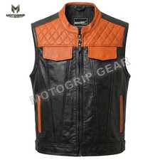 Black Orange Leather Motorcycle Vest With Diamond Stitched Hand Crafted, Biker