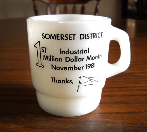 Vintage Anchor Hocking White Milk Glass Mug "Somerset District ~ November 1981"