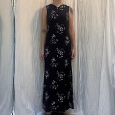Liz Claiborne 90s Y2K Navy Blue Maxi Dress White Tan Floral Polka Dots S/M