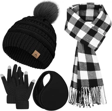 Winter Hat Scarf Gloves and Ear Warmer, Knit Warm Beanie Hat Touch Screen Gloves