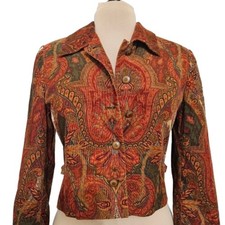 Carlisle Paisley Tapestry Button Jacket Rust Green Orange Size 10 Structured VTG