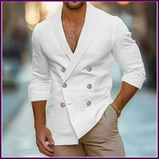 Double Breasted Linen Shirts Men Turn-down Collar Solid Color Cotton.