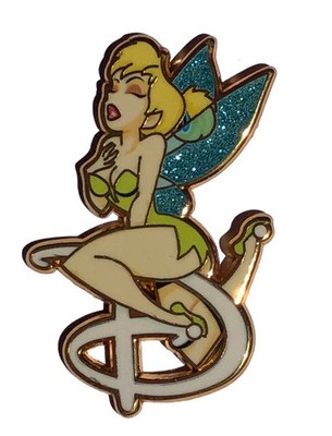 Glittery Golden Tink Riding Walt's Big D Pixie Sexy Hot HAT PIN Lapel Brooch