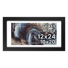 Frame Amo 12x24 Black Solid Wood Poster Frame, White Mat for 10x20 Image, Temper