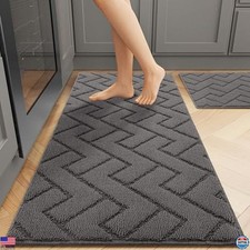 Hicorfe 2-Piece Kitchen Rug Set - Absorbent Non-Slip, Machine Washable, Grey