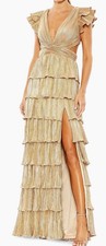 Ieena For Mac Duggal Gold Ruffle Tiered Criss Cross Lace Up Gown NWT SZ 0