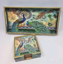 Vintage Acrylic Printed Tray & 6 Coaster Set Peacock Design India Acrylic & Wood