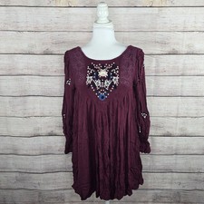 Free People Mojave Embroidered Plum Bohemian Mini Long Sleeve Dress Small