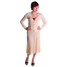 VTG 50s Ivory Cashmere Sweater Suit Cardigan Skirt Rockabilly Secretary S