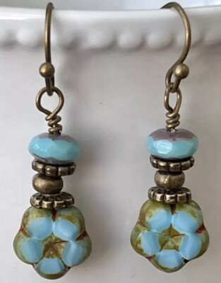 Etched Bronze with Blue Picasso Czech Bead Earrings. Flowers. Bloom.
