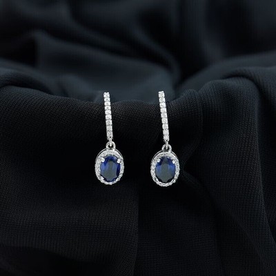 2Ct Oval Cut Simulated Blue Sapphire Drop Dangle Earrings 14k White Gold Plated