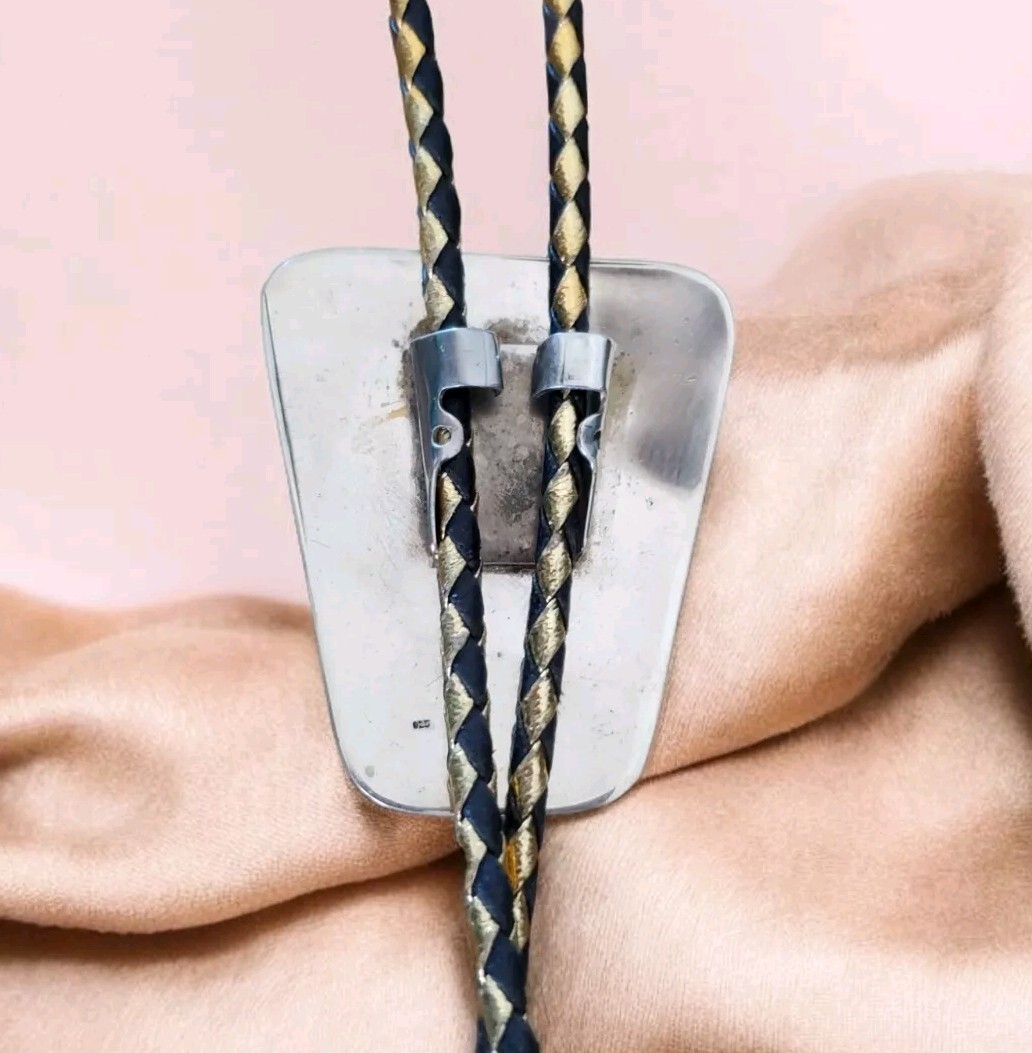 Vintage Sterling Silver Bolo Tie Black Enamel and Coral Inlay